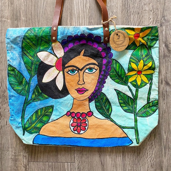 Frida Kahlo Inspired Large Hand Painted Tote - Picture 6 of 8